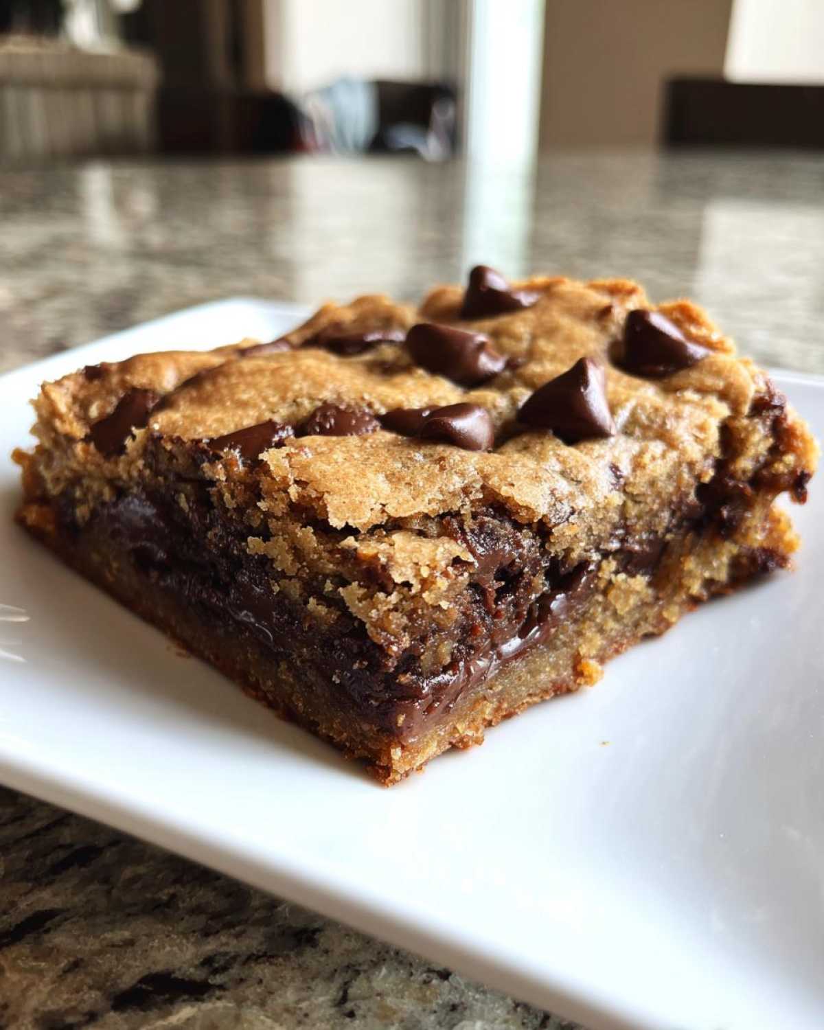 A single, thick serving of gooey chocolate chip cookie bars with melted chocolate center on a white plate.