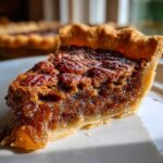 Close-up of a gooey, rich slice of pecan pie showing the caramelized filling and flaky crust.