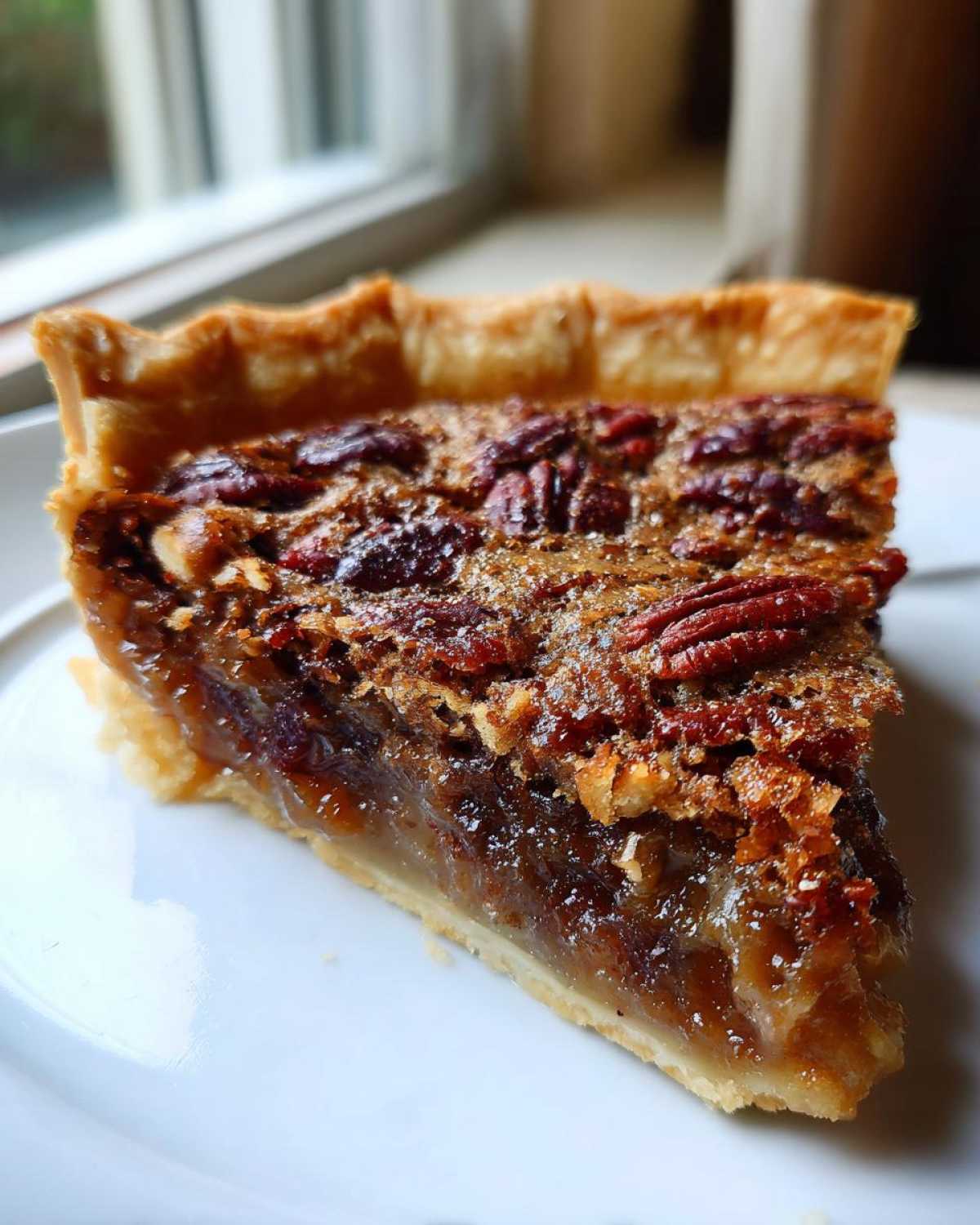 A close-up slice of gooey pecan pie showing the flaky crust and rich, caramelized filling.