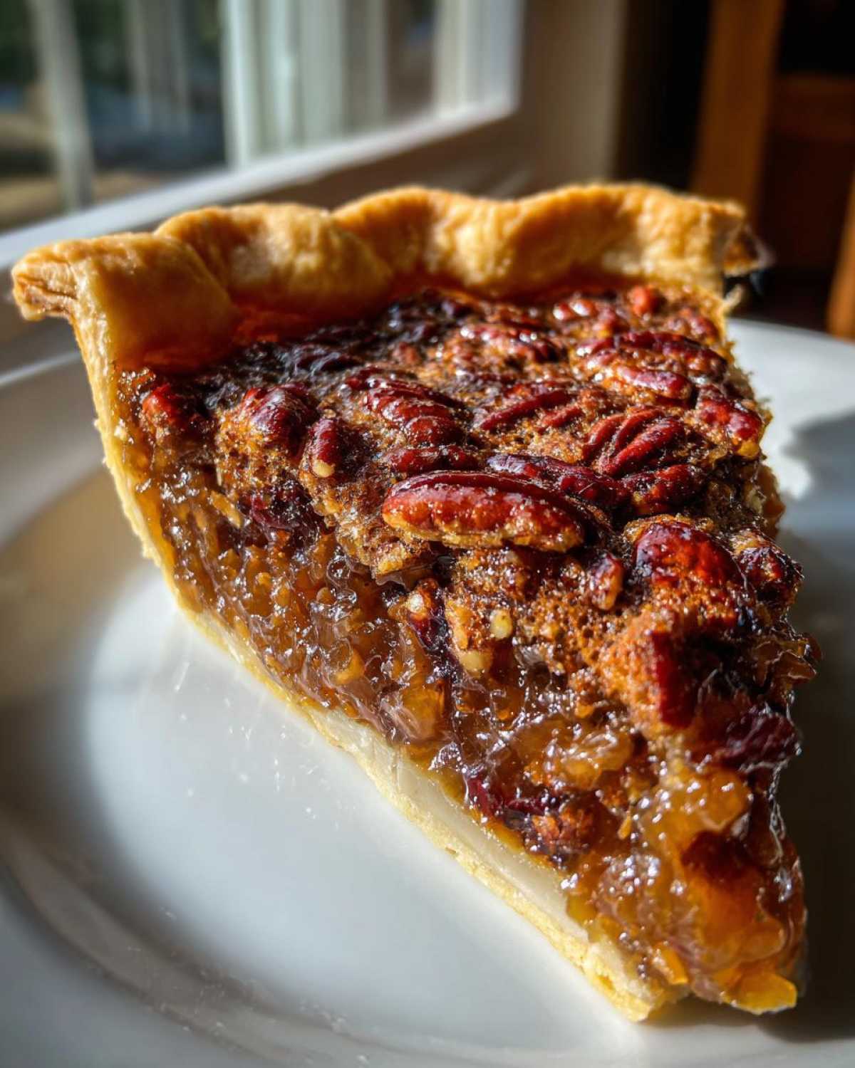 Close-up of a perfectly baked slice of pecan pie showing the gooey filling and whole pecans.