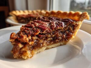 Close-up of a gooey, rich slice of pecan pie with a golden, flaky crust, set against a bright window.