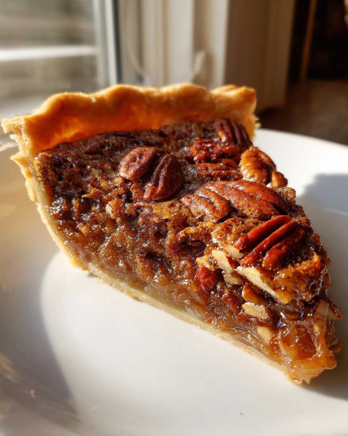 A close-up slice of gooey pecan pie with a flaky crust, sitting on a white plate in natural sunlight.