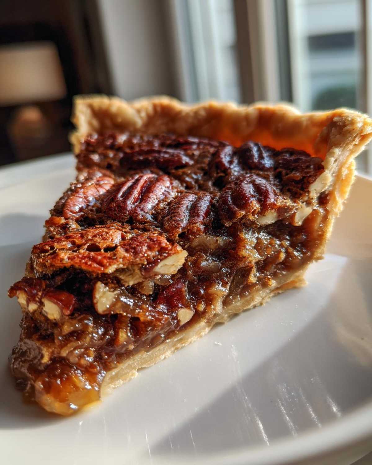 Close-up of a gooey slice of homemade pecan pie showing the rich filling and toasted pecans.