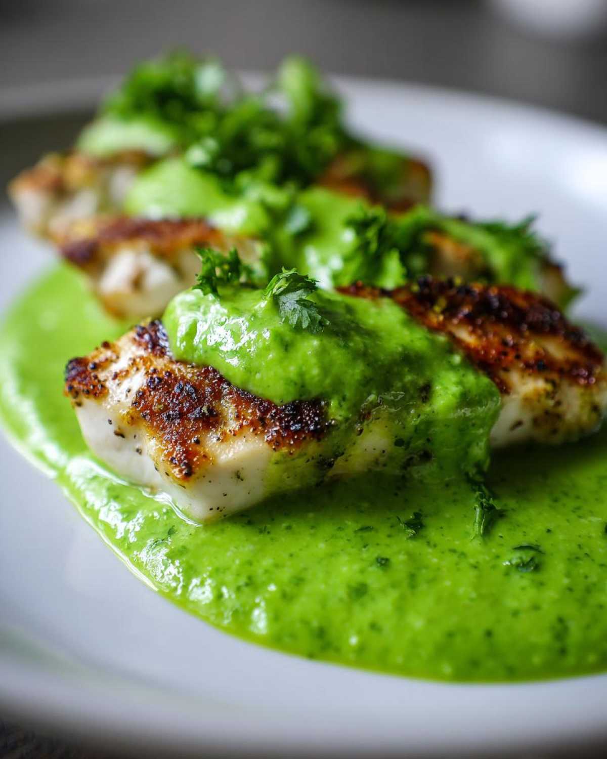 Close-up of grilled chicken pieces generously topped with vibrant green cilantro lime sauce.