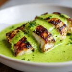 Close-up of sliced grilled chicken breast generously covered in bright green cilantro lime sauce.