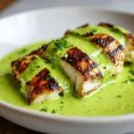 Close-up of sliced grilled chicken breast generously covered in bright green cilantro lime sauce.