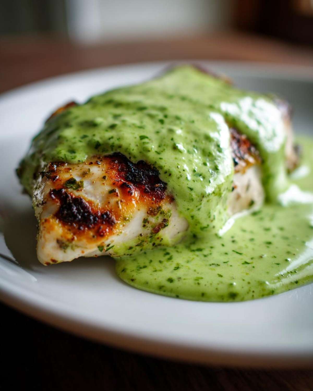 Close-up of grilled chicken breast generously covered with bright green cilantro lime sauce on a white plate.