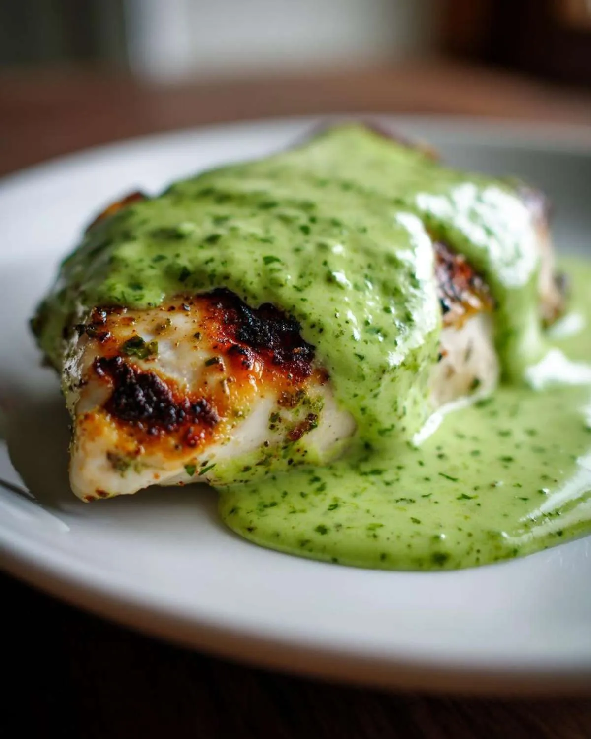 Close-up of grilled chicken breast generously covered with bright green cilantro lime sauce on a white plate.