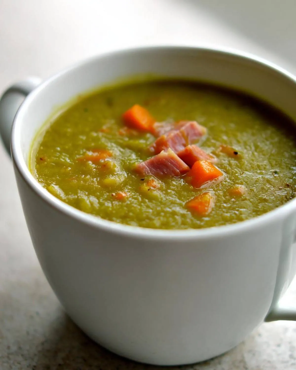 Close-up of thick, green pea soup topped with diced ham and carrots served in a white mug.