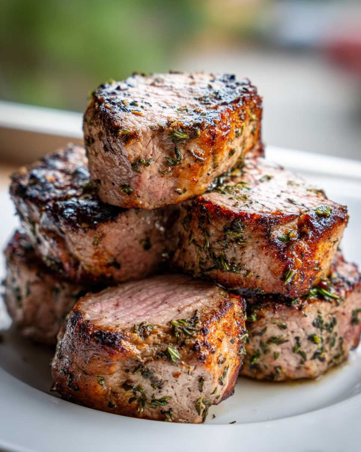 Stack of beautifully seared pork tenderloin recipe medallions coated in herbs on a white plate.