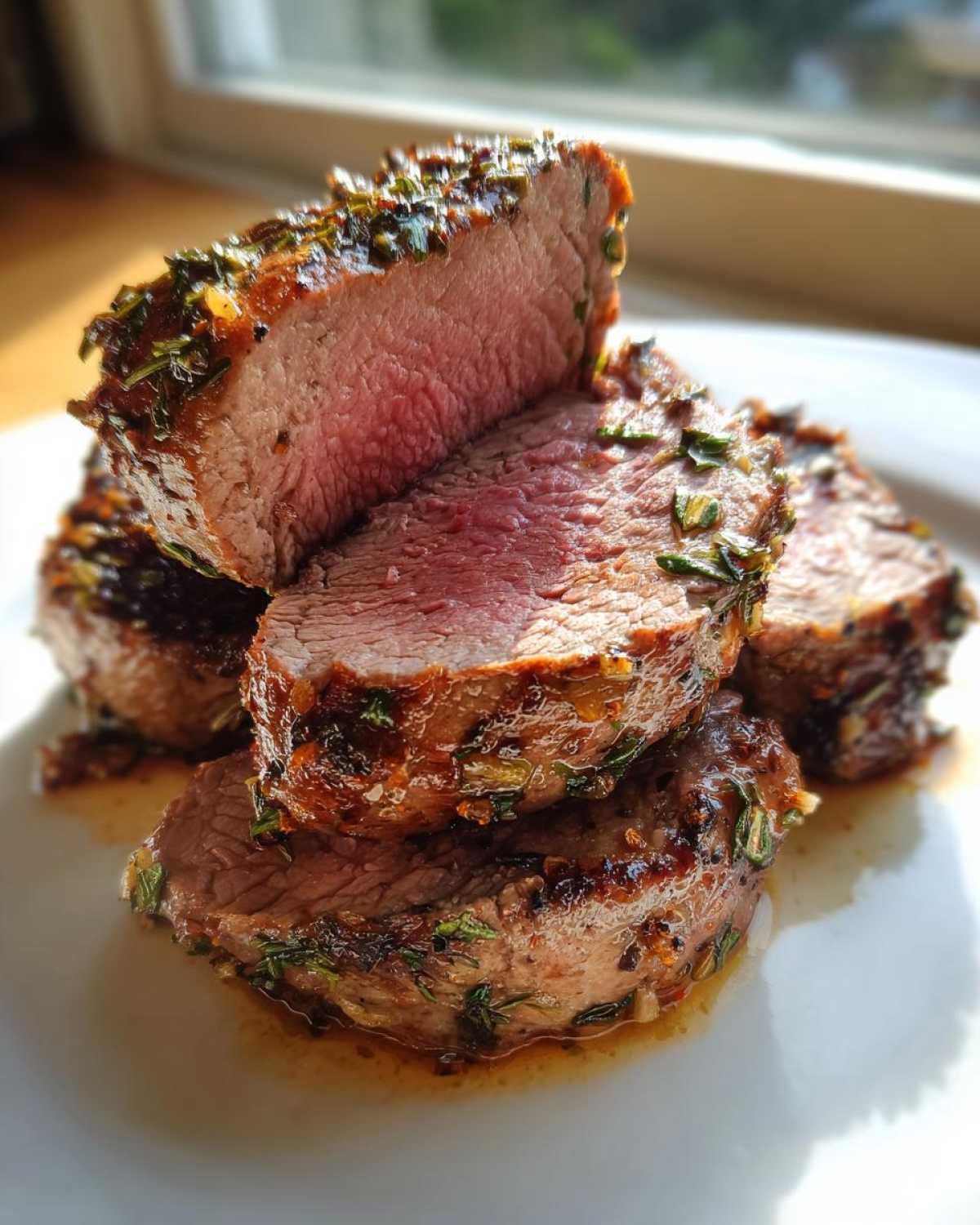 Close-up of medium-rare slices of herb-crusted pork tenderloin recipe resting in pan juices.