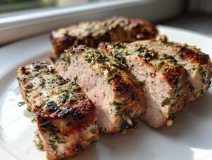 Close-up of sliced, herb-crusted pork tenderloin recipe showing juicy pink interior and savory sear.