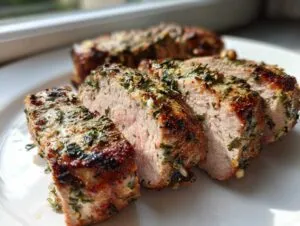 Close-up of sliced, herb-crusted pork tenderloin recipe showing juicy pink interior and savory sear.