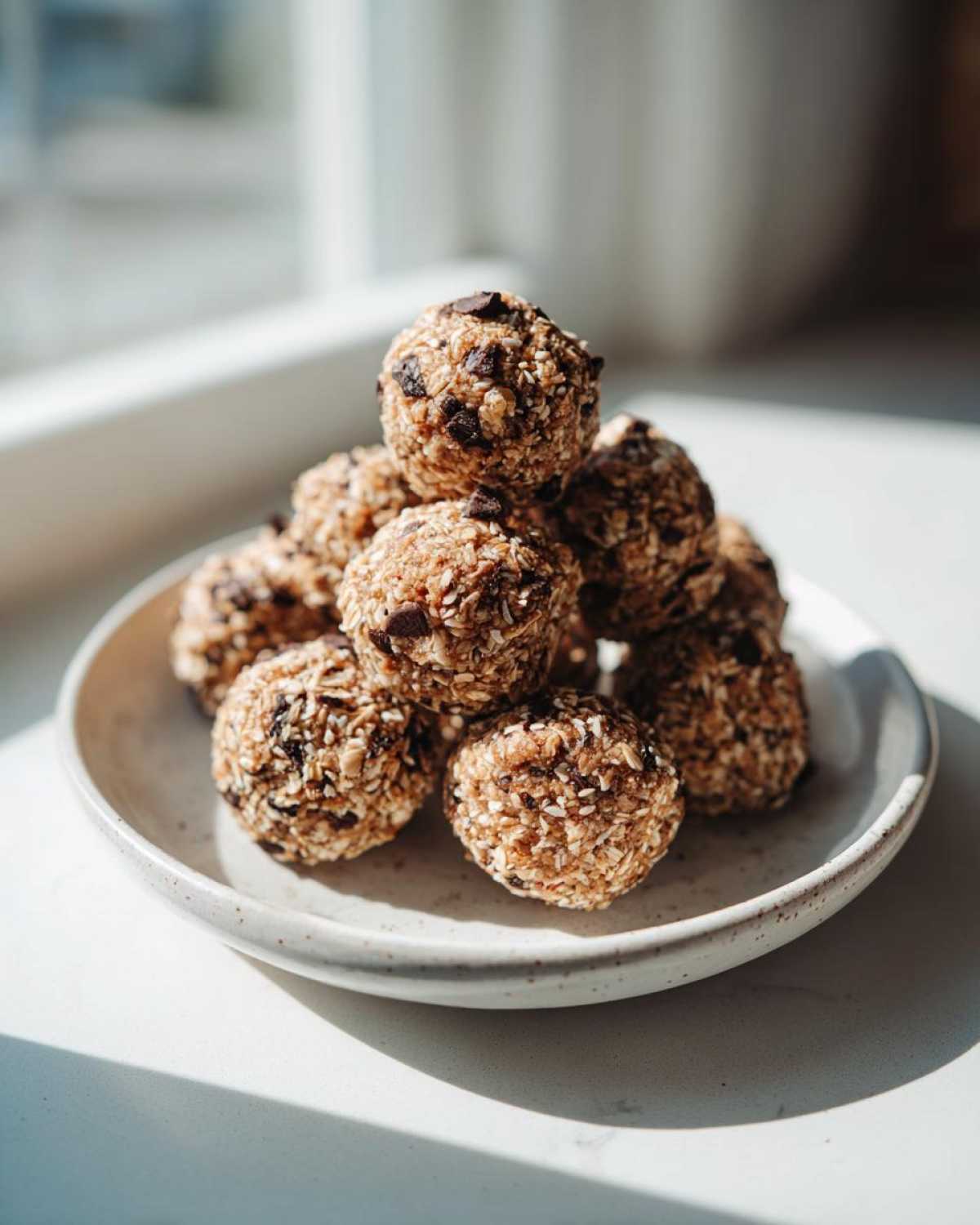 A stack of homemade protein balls coated in oats and coconut, featuring visible chocolate chips, resting on a small plate.