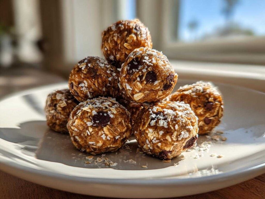 A stack of homemade chocolate chip protein balls made with oats, sitting on a light-colored plate.