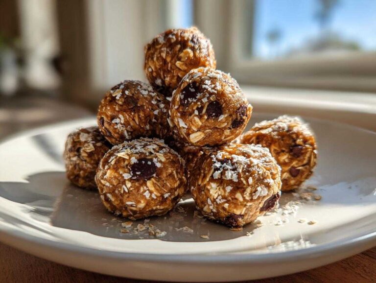 A stack of homemade chocolate chip protein balls made with oats, sitting on a light-colored plate.
