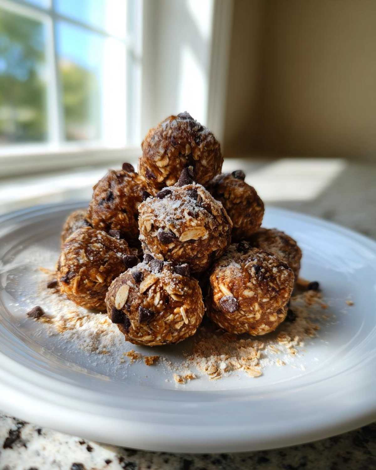 A stack of homemade chocolate chip protein balls dusted with powder on a white plate.