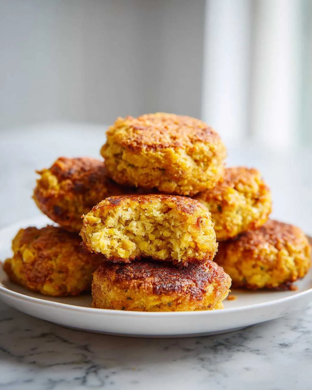 Stack of golden brown hot water cornbread patties on a white plate, one broken open showing the texture.