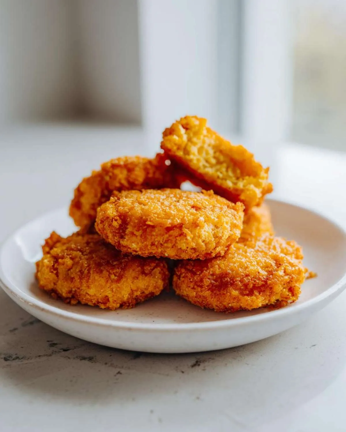 A stack of golden brown, freshly fried hot water cornbread patties on a small white plate.