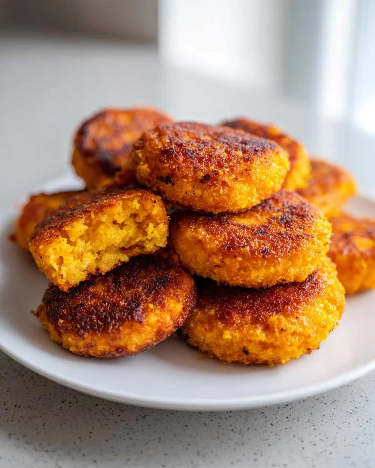 A stack of golden brown, pan-fried hot water cornbread patties on a white plate, one broken open.