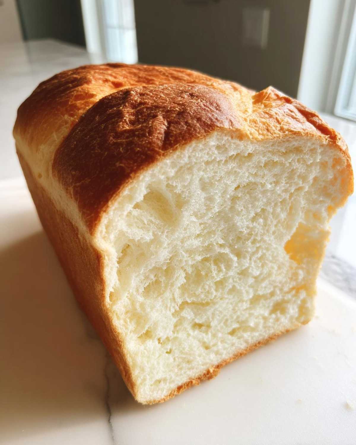 Close-up of a freshly baked japanese milk bread loaf, showing its incredibly soft, white crumb and golden-brown top crust.