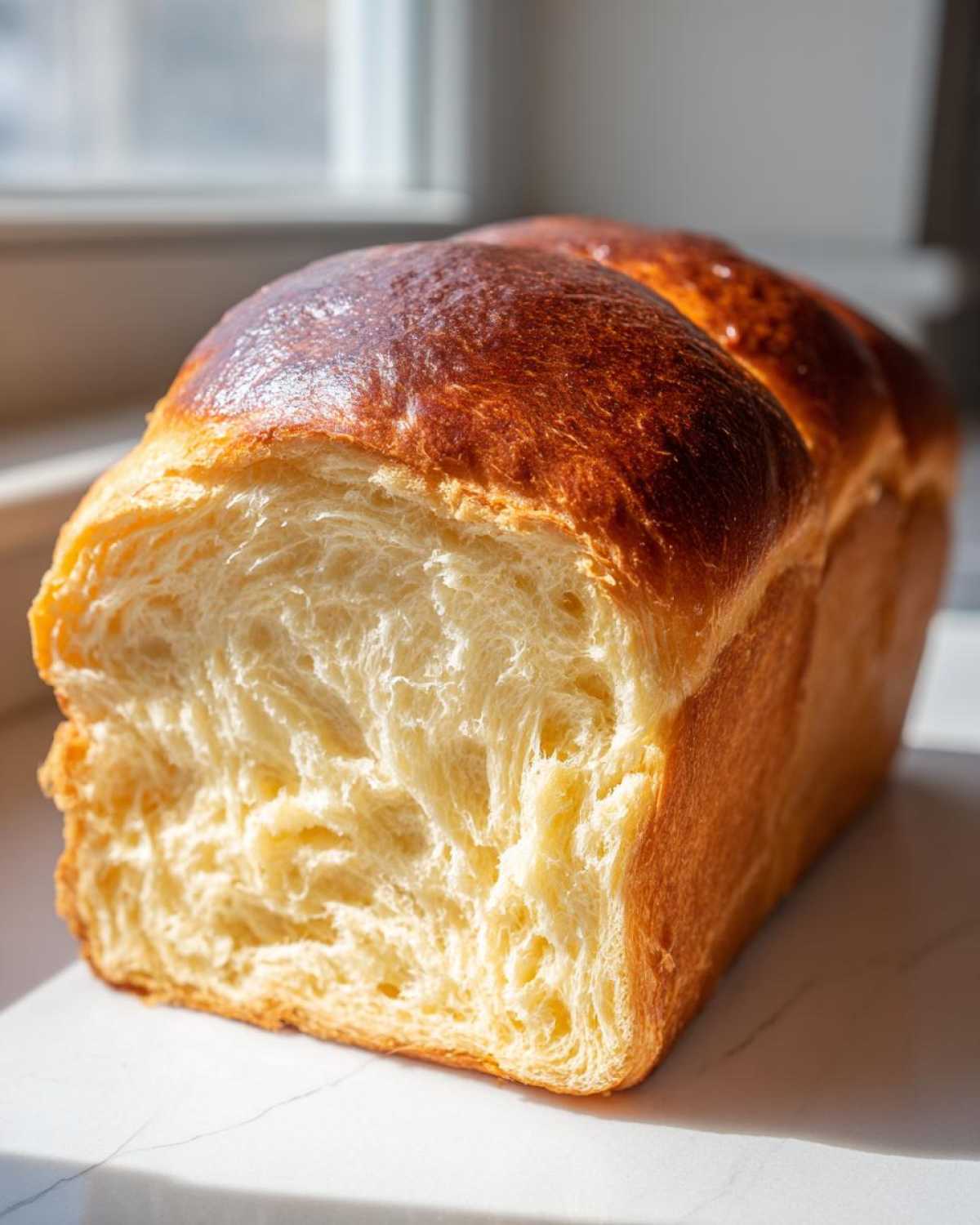 Close-up of a freshly baked Japanese milk bread loaf showing its incredibly soft, fluffy, and stringy interior crumb.