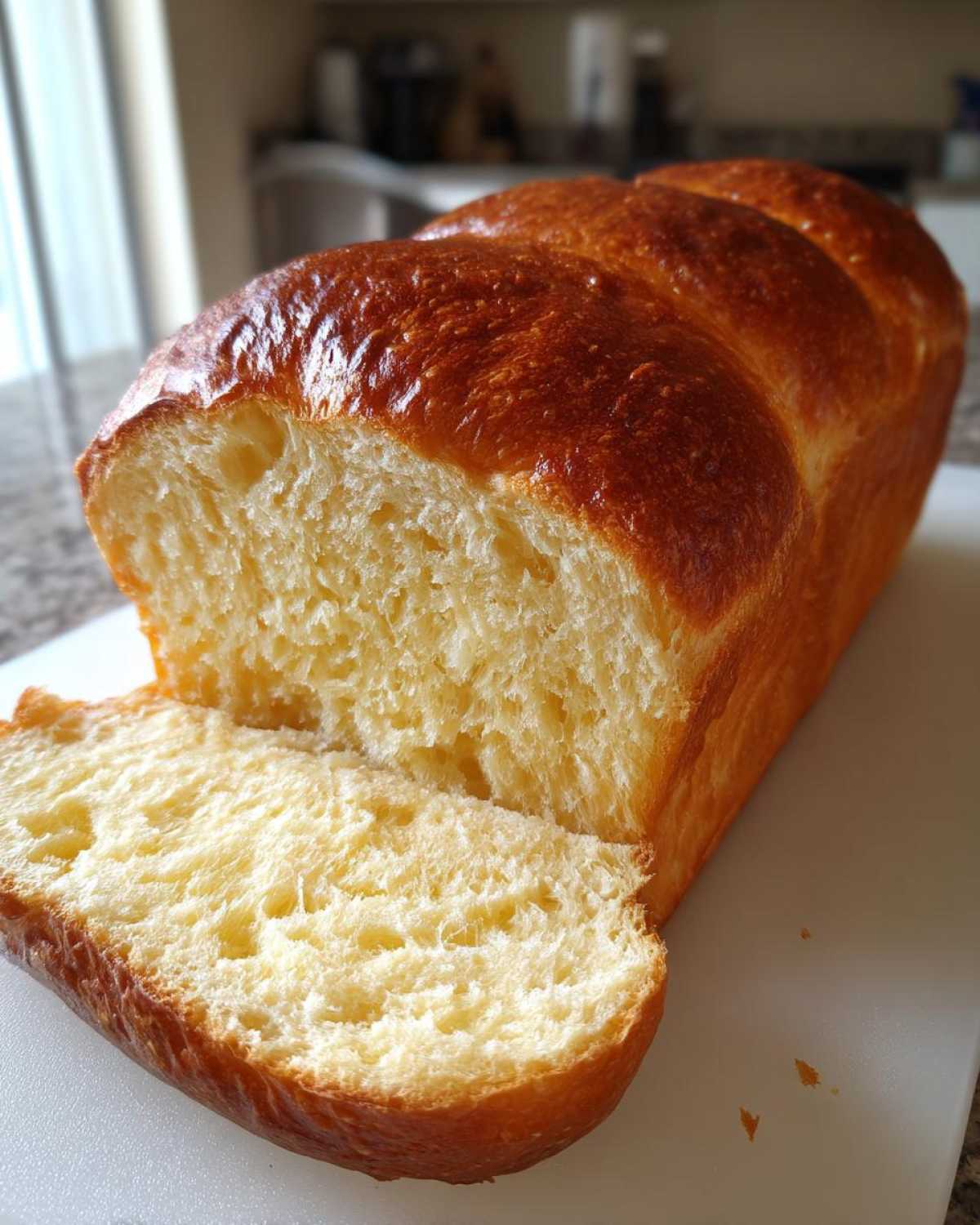 Close-up of a freshly baked Japanese milk bread loaf with one slice cut, showing its soft, fluffy interior.