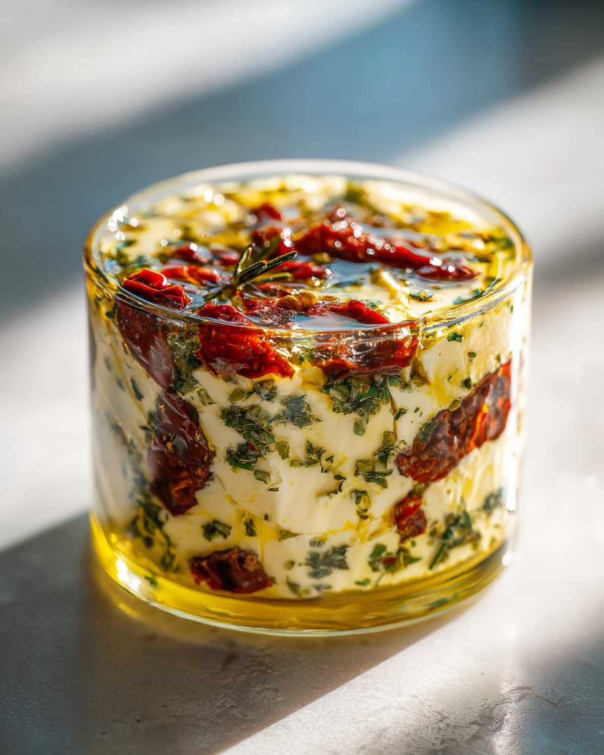 Close-up of homemade marinated cheese cubes submerged in olive oil with herbs and sun-dried tomatoes.