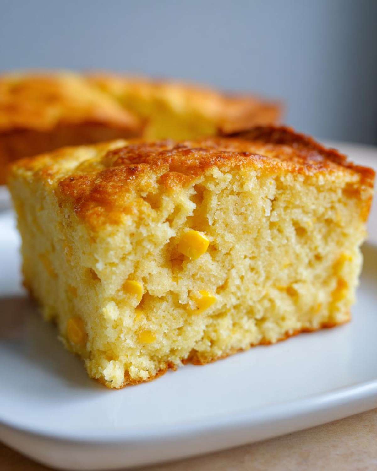 A close-up, soft-focus image of a square slice of moist jiffy corn casserole with visible corn kernels.