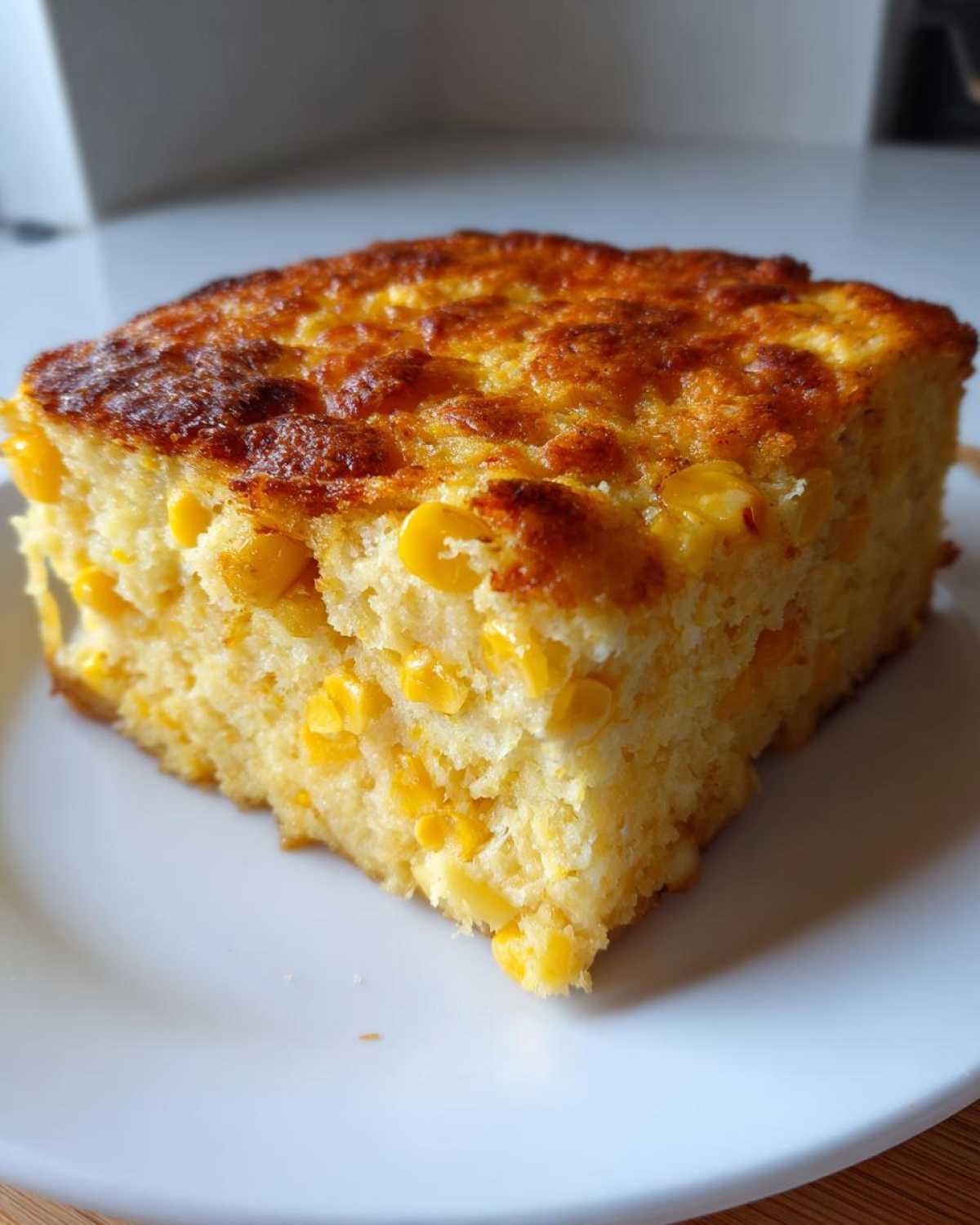A square slice of moist jiffy corn casserole with visible whole corn kernels on a white plate.