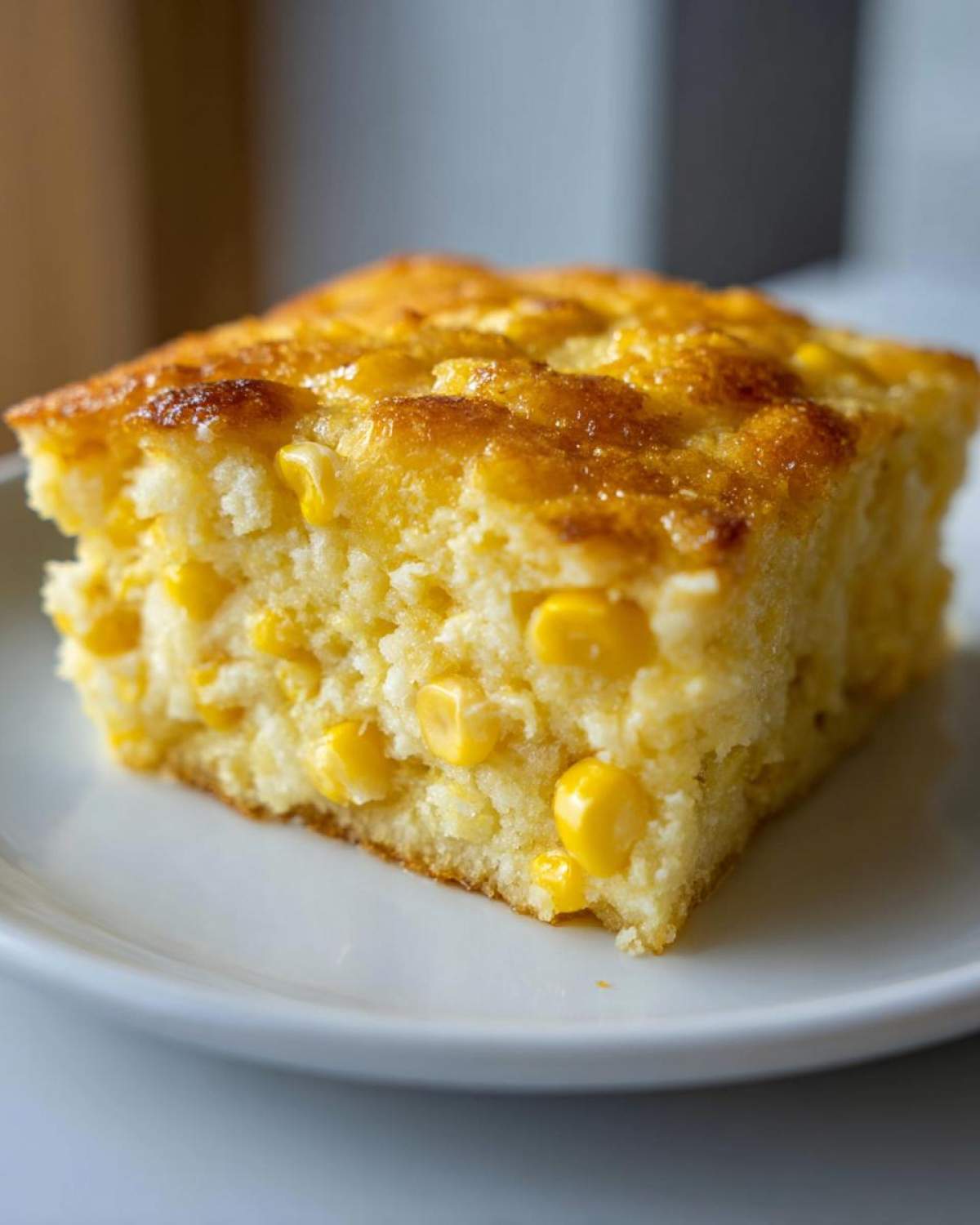 Close-up of a square slice of moist jiffy corn casserole packed with whole corn kernels.