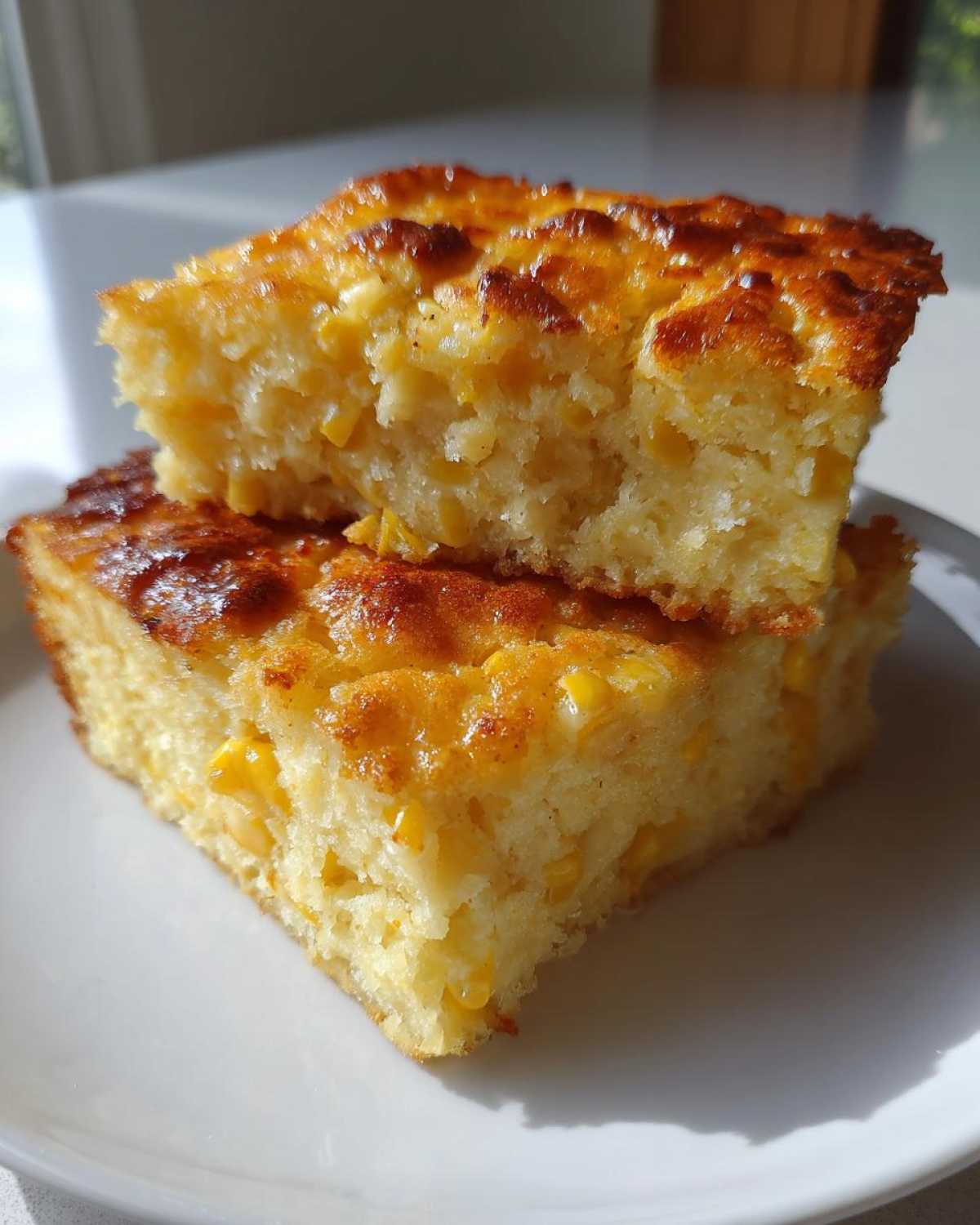 Two stacked squares of moist jiffy corn casserole showing whole corn kernels and a golden-brown top.