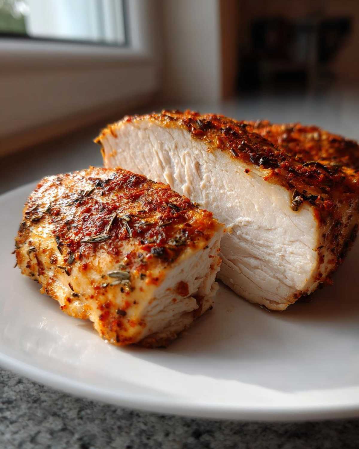 Cross-section of perfectly cooked air fryer chicken breast showing moist white meat and a seasoned, crispy exterior.