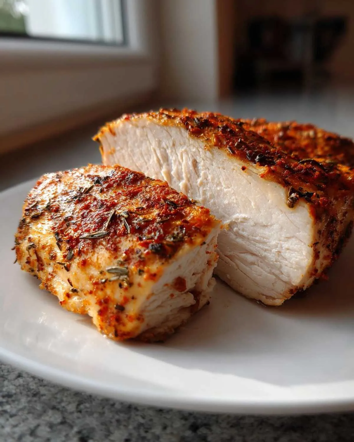 Cross-section of perfectly cooked air fryer chicken breast showing moist white meat and a seasoned, crispy exterior.