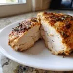 A juicy air fryer chicken breast, seasoned with spices and rosemary, cut in half to show the perfectly cooked white meat.