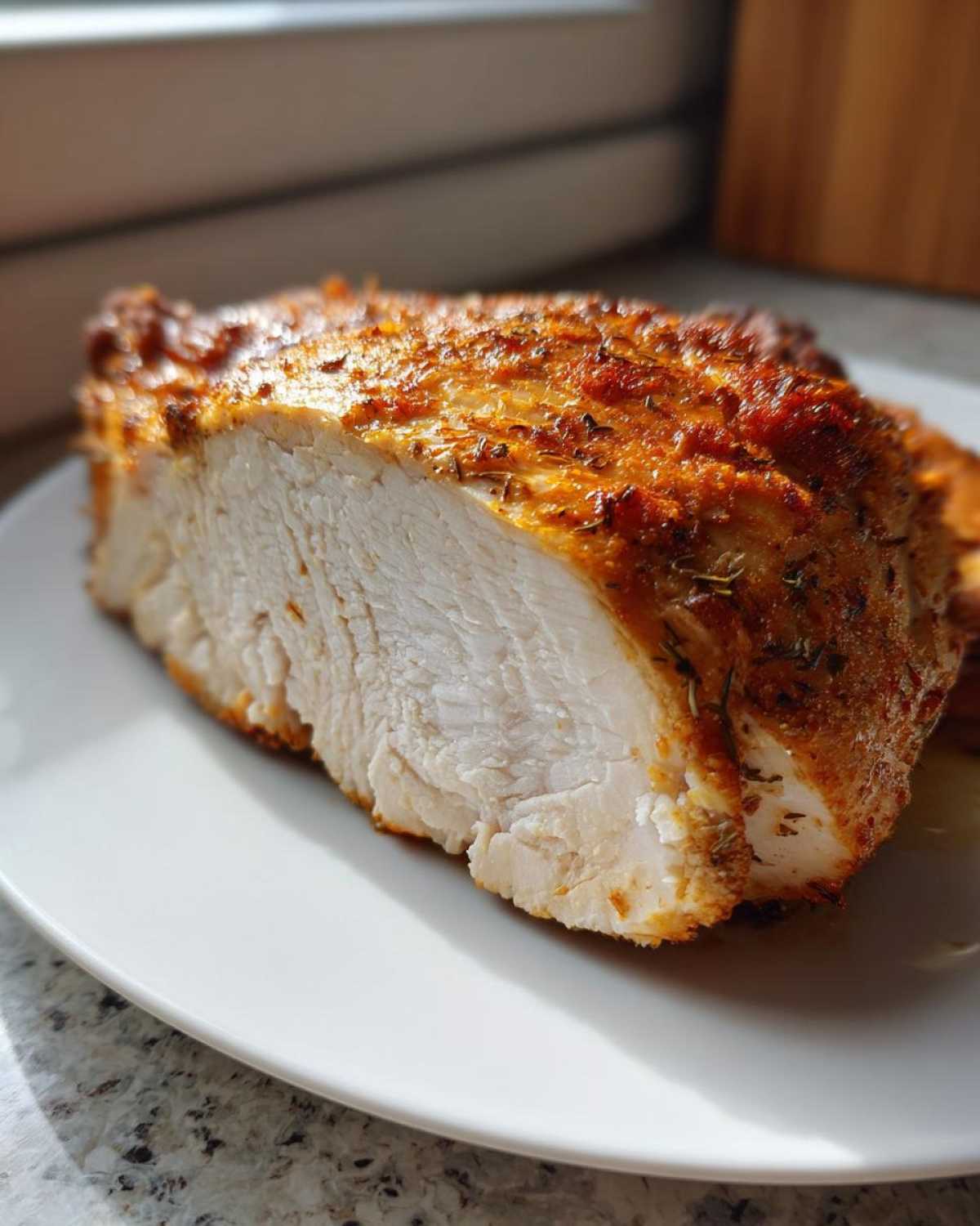 Close-up of a perfectly cooked, juicy air fryer chicken breast, showing the white interior and seasoned crust.
