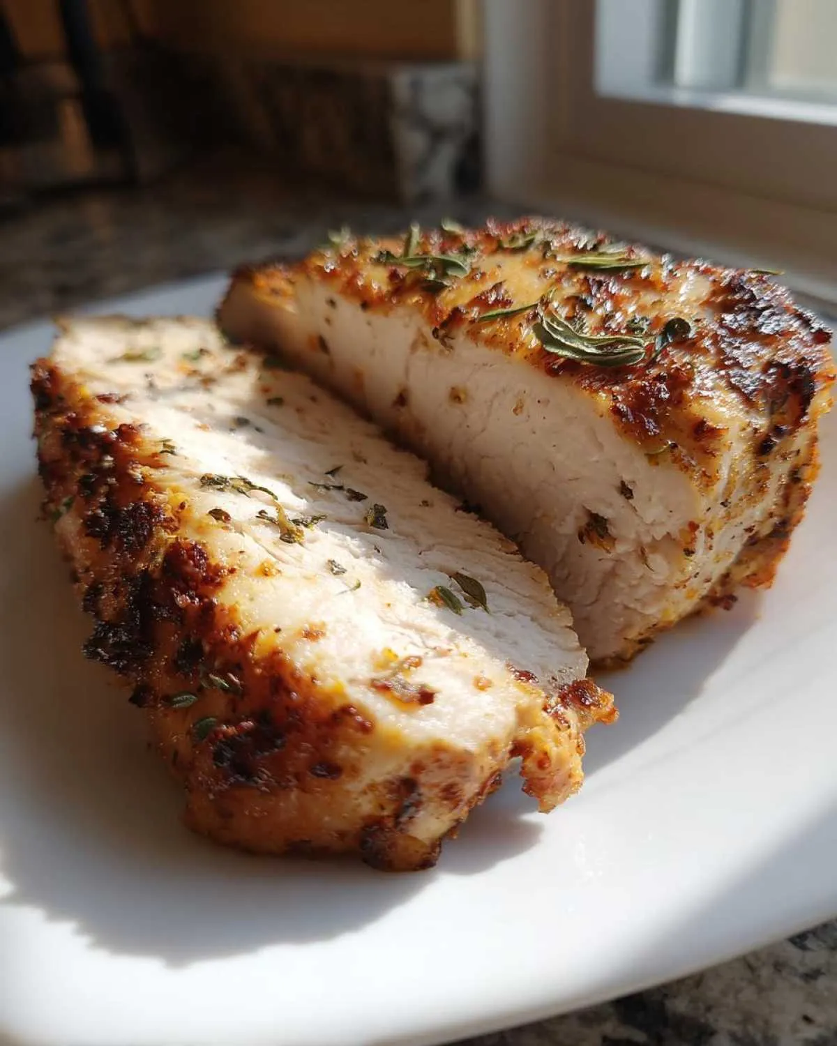 Cross-section of a perfectly cooked, juicy air fryer chicken breast seasoned with herbs.