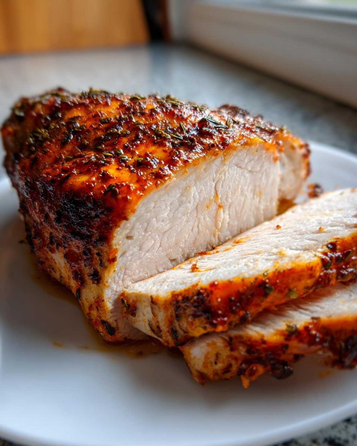 Close-up of juicy, sliced air fryer chicken breast coated in a savory, herbed, reddish-orange spice rub.