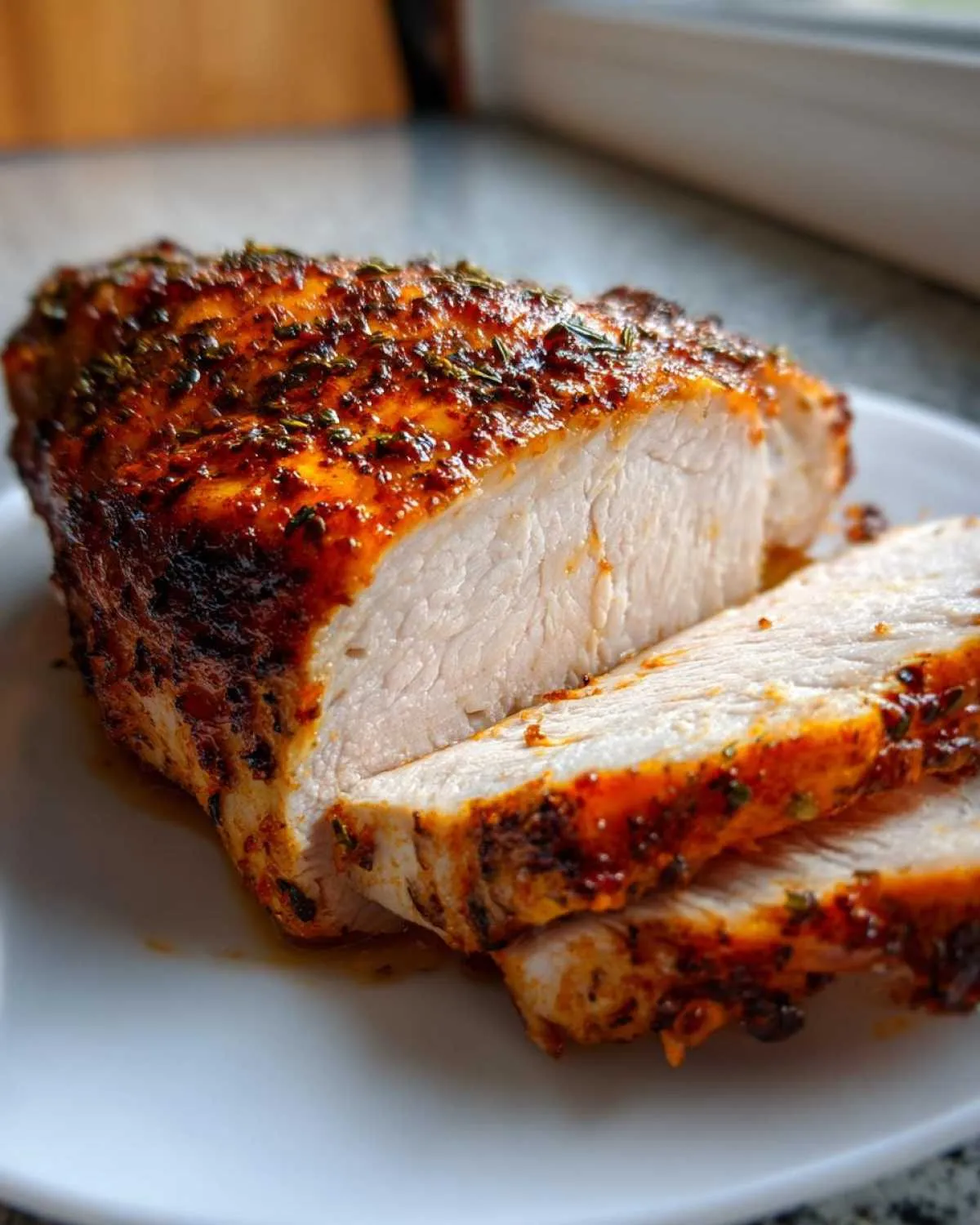 Close-up of juicy, sliced air fryer chicken breast coated in a savory, herbed, reddish-orange spice rub.