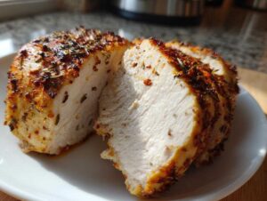 Close-up of juicy, sliced air fryer chicken breast seasoned heavily with herbs and spices.