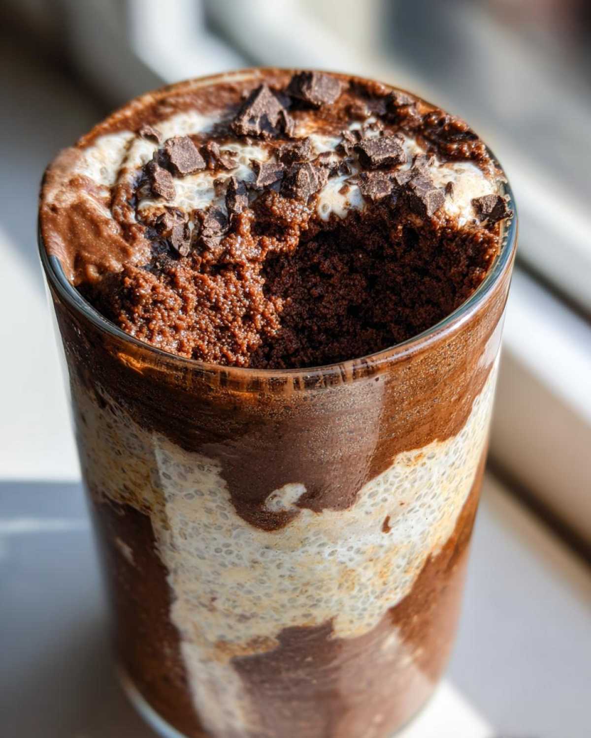 Close-up of layered chocolate chia pudding topped with chocolate chunks in a clear glass.