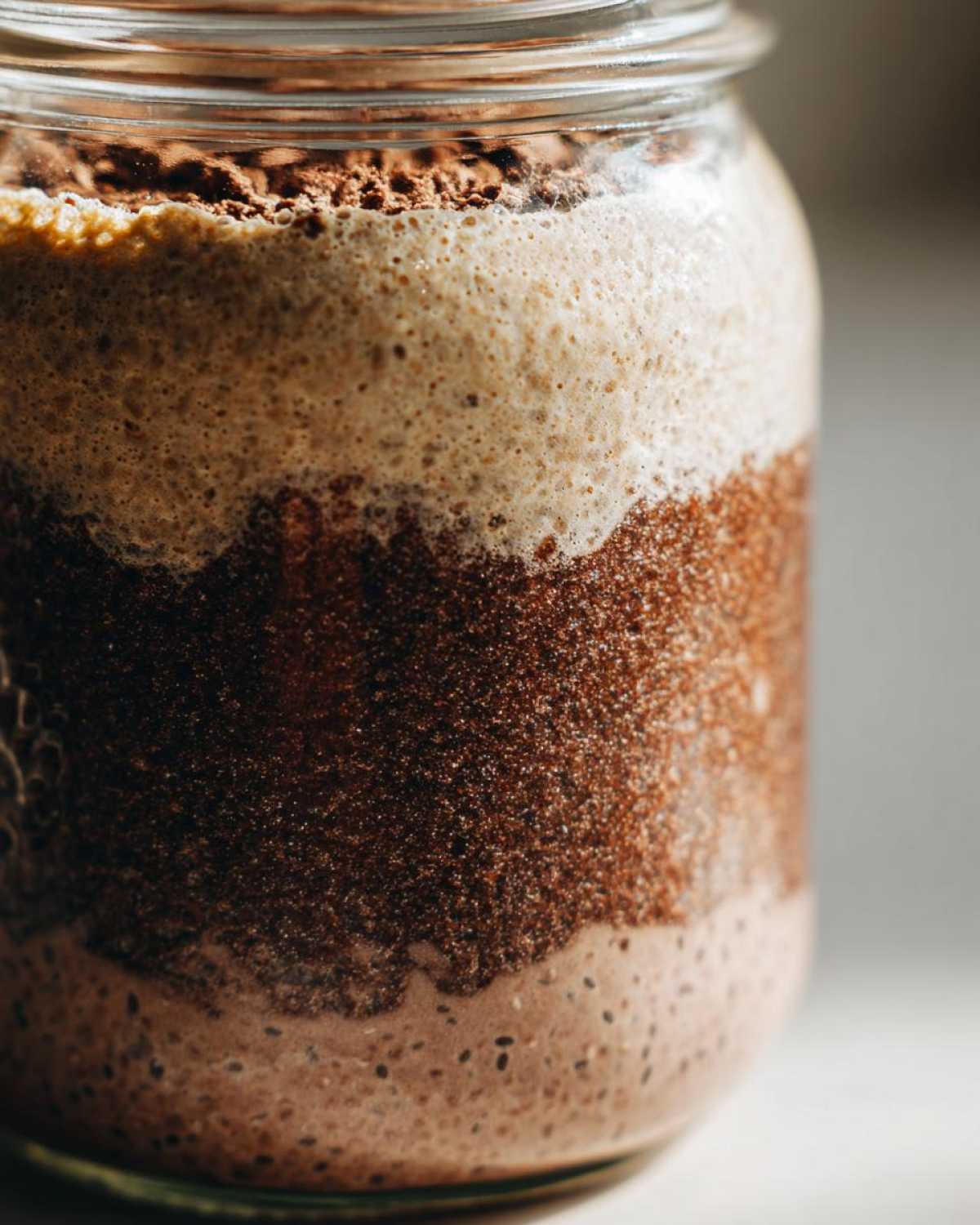 Close-up of rich, layered chocolate chia pudding showing texture and cocoa powder topping.