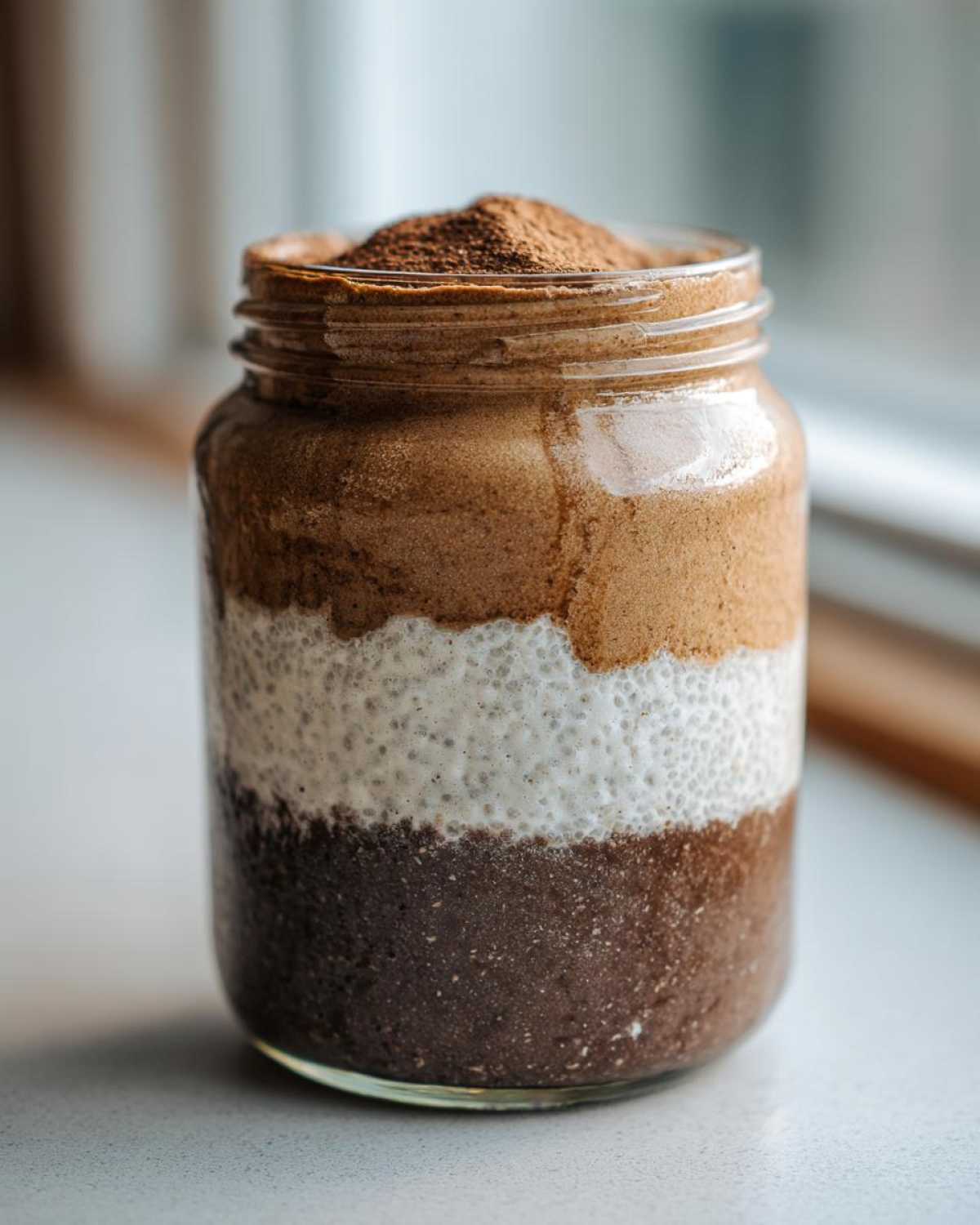 Close-up of layered chocolate and vanilla chia pudding topped with cocoa powder in a glass jar.