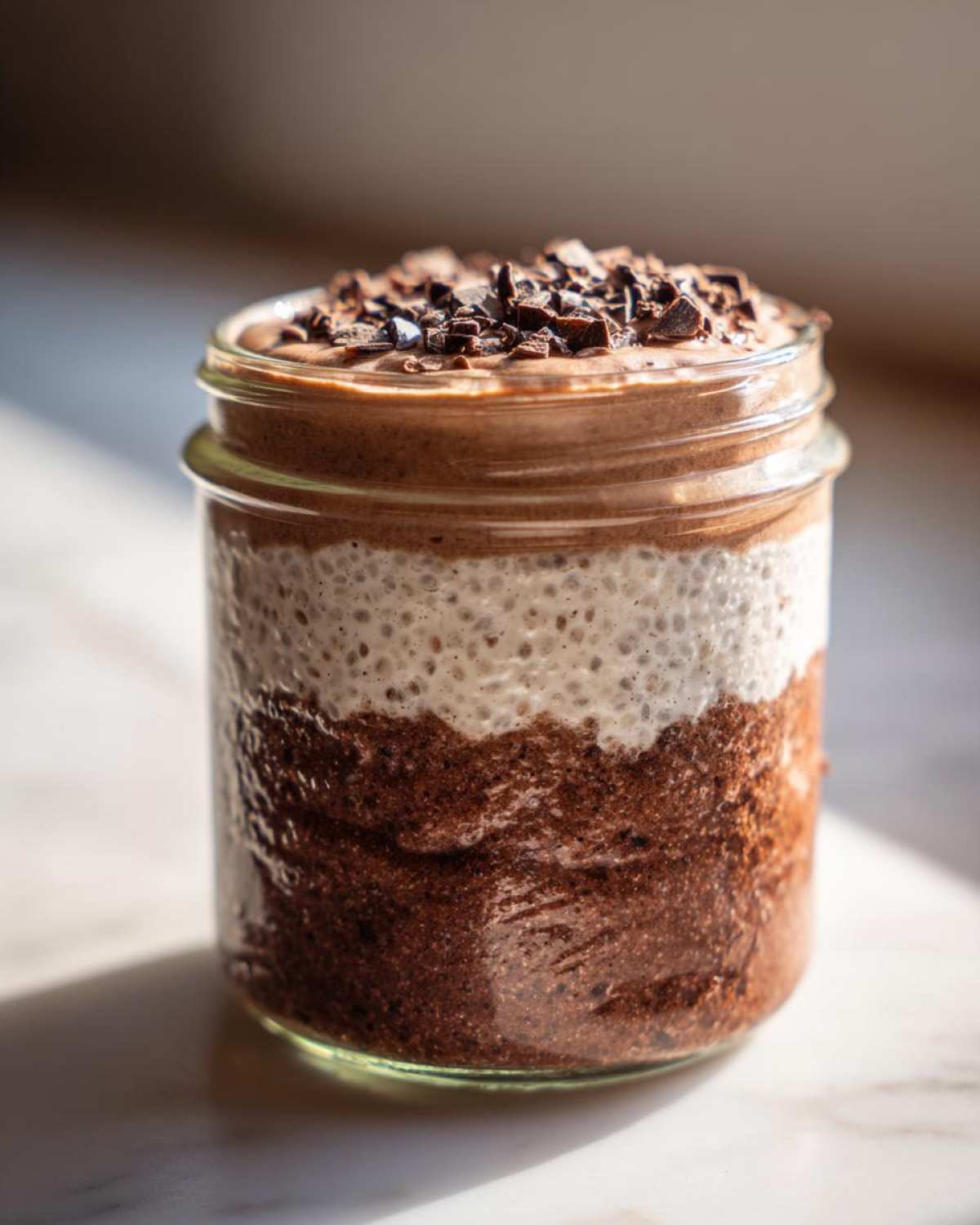 Close-up of layered chocolate chia pudding topped with chocolate shavings in a glass jar.
