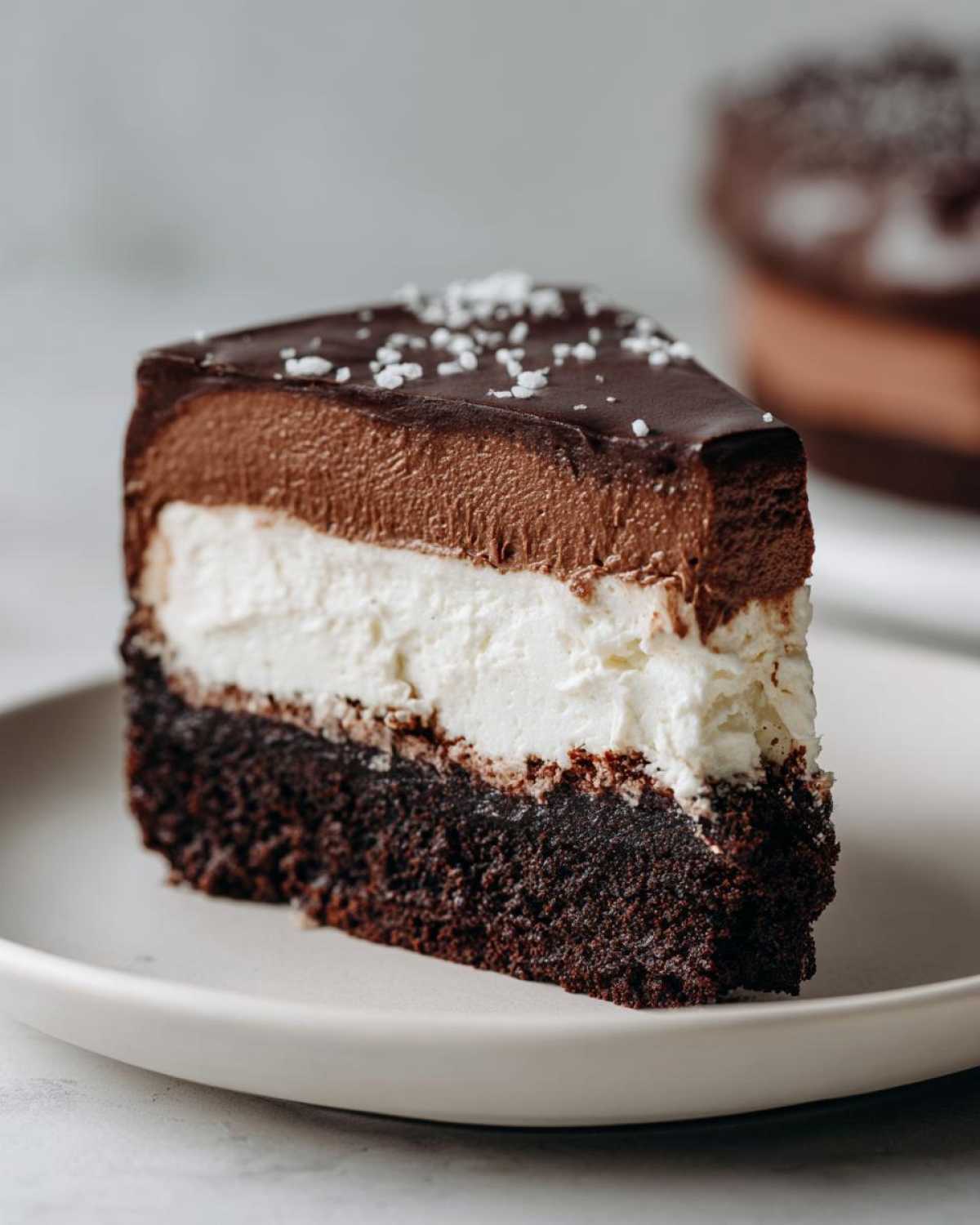 A decadent slice of layered Italian love cake featuring a dark chocolate base, white cream layer, and chocolate mousse topping.
