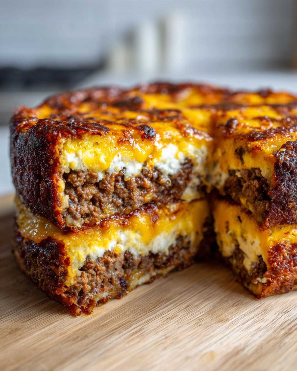 A thick, layered slice cut from a baked taco pie showing seasoned ground beef and creamy white filling topped with melted, browned cheddar cheese.