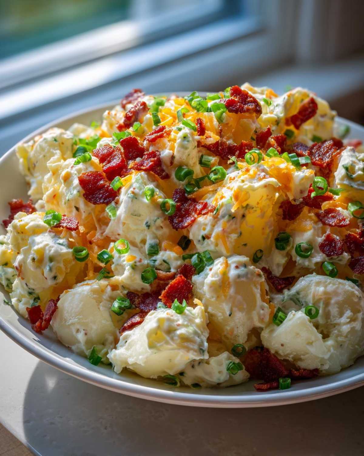 Close-up of creamy loaded baked potato salad topped with bacon bits, shredded cheese, and green onions.