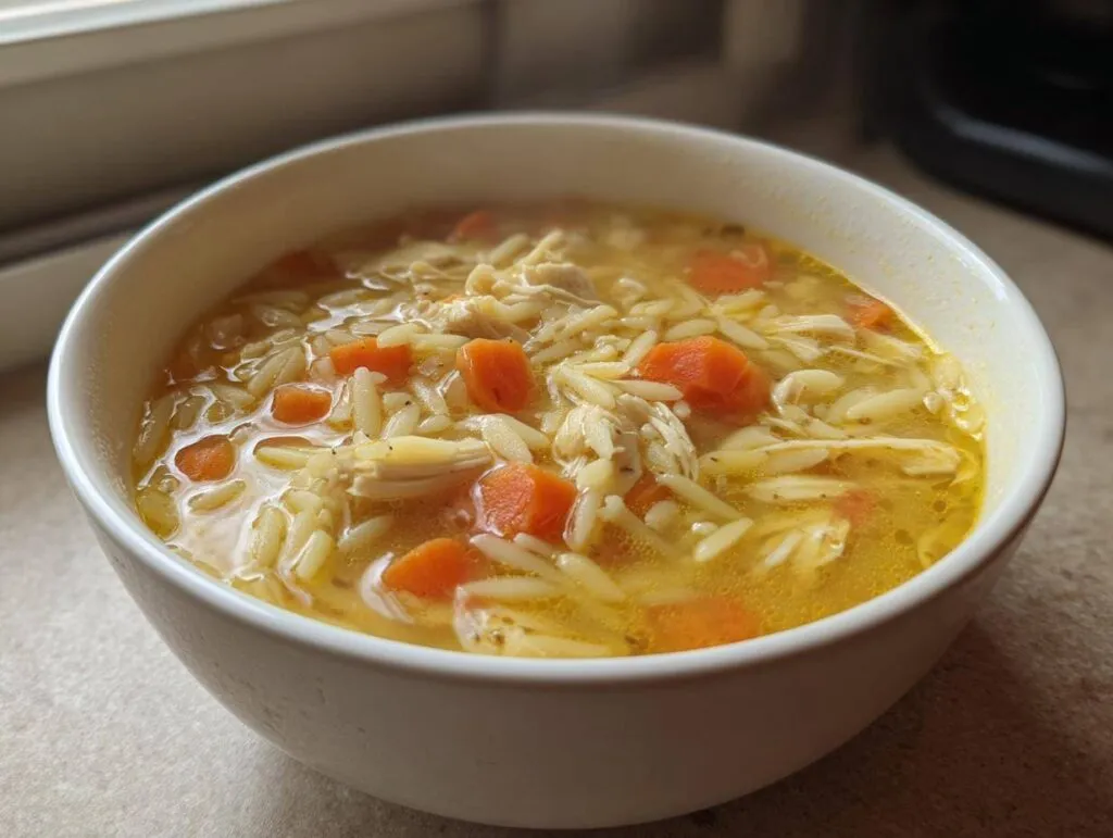 Close-up of a white bowl filled with hot chicken orzo soup featuring shredded chicken and bright orange carrots.
