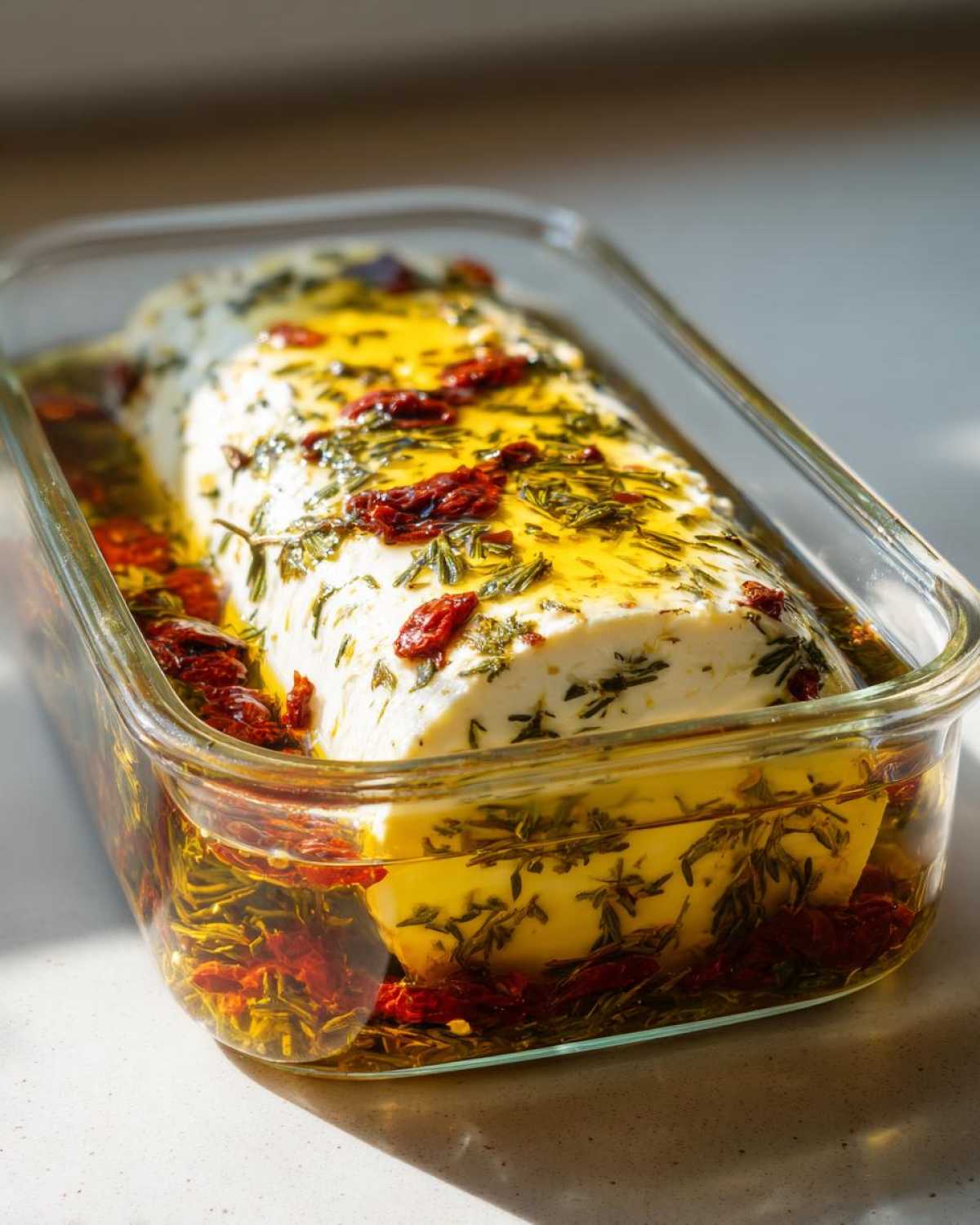 A block of homemade marinated cheese submerged in olive oil with herbs and sun-dried tomatoes in a glass container.