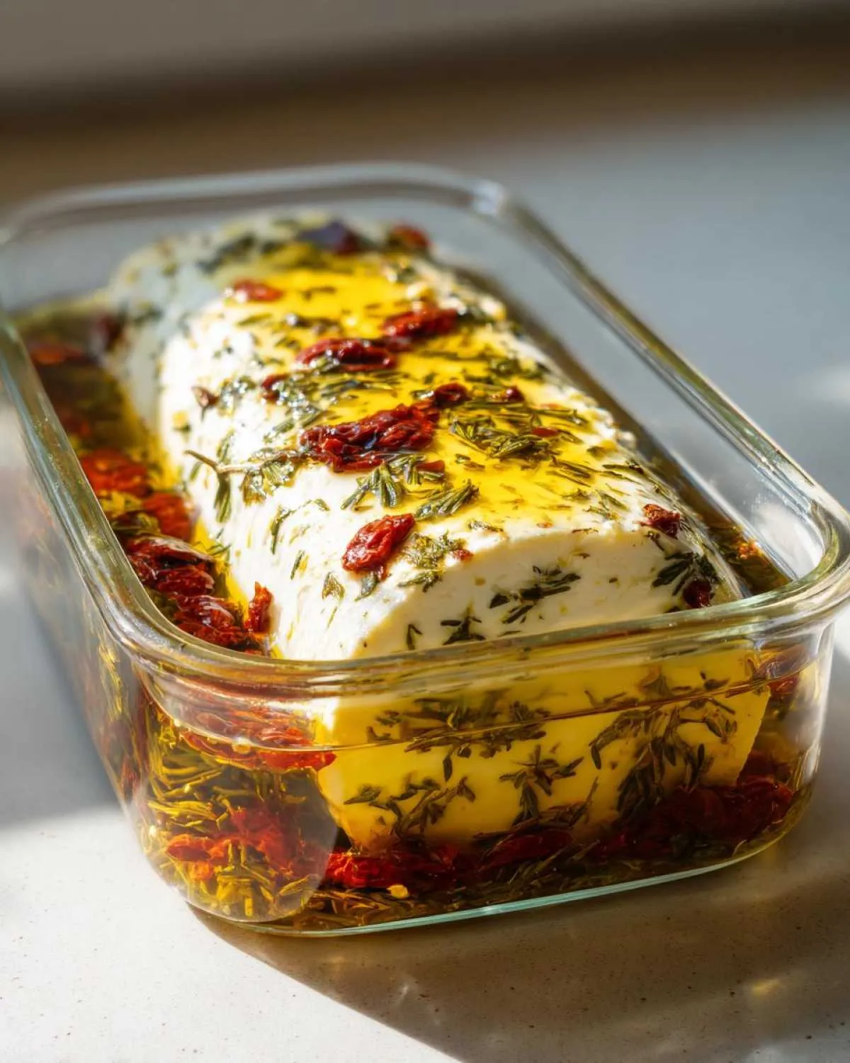 A block of homemade marinated cheese submerged in olive oil with herbs and sun-dried tomatoes in a glass container.